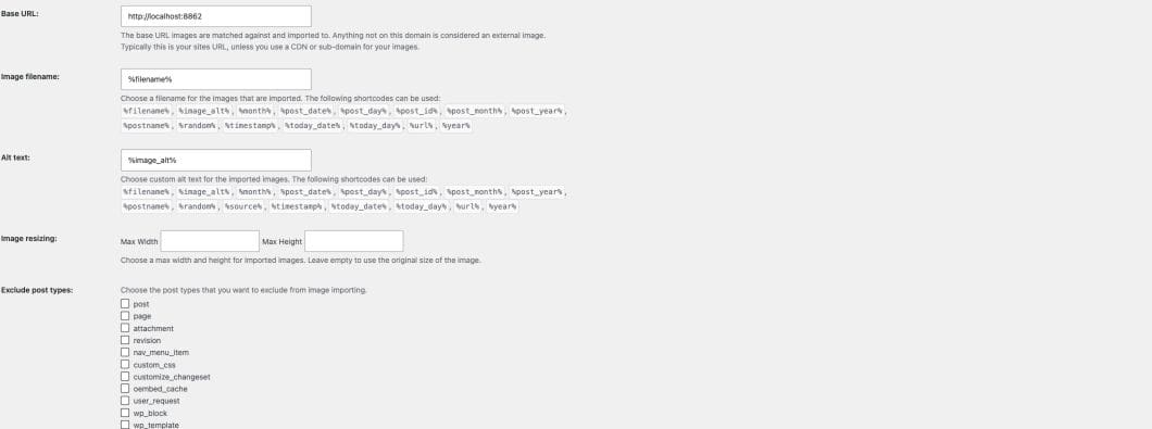 Automatically Import External Images settings in a local WordPress installation