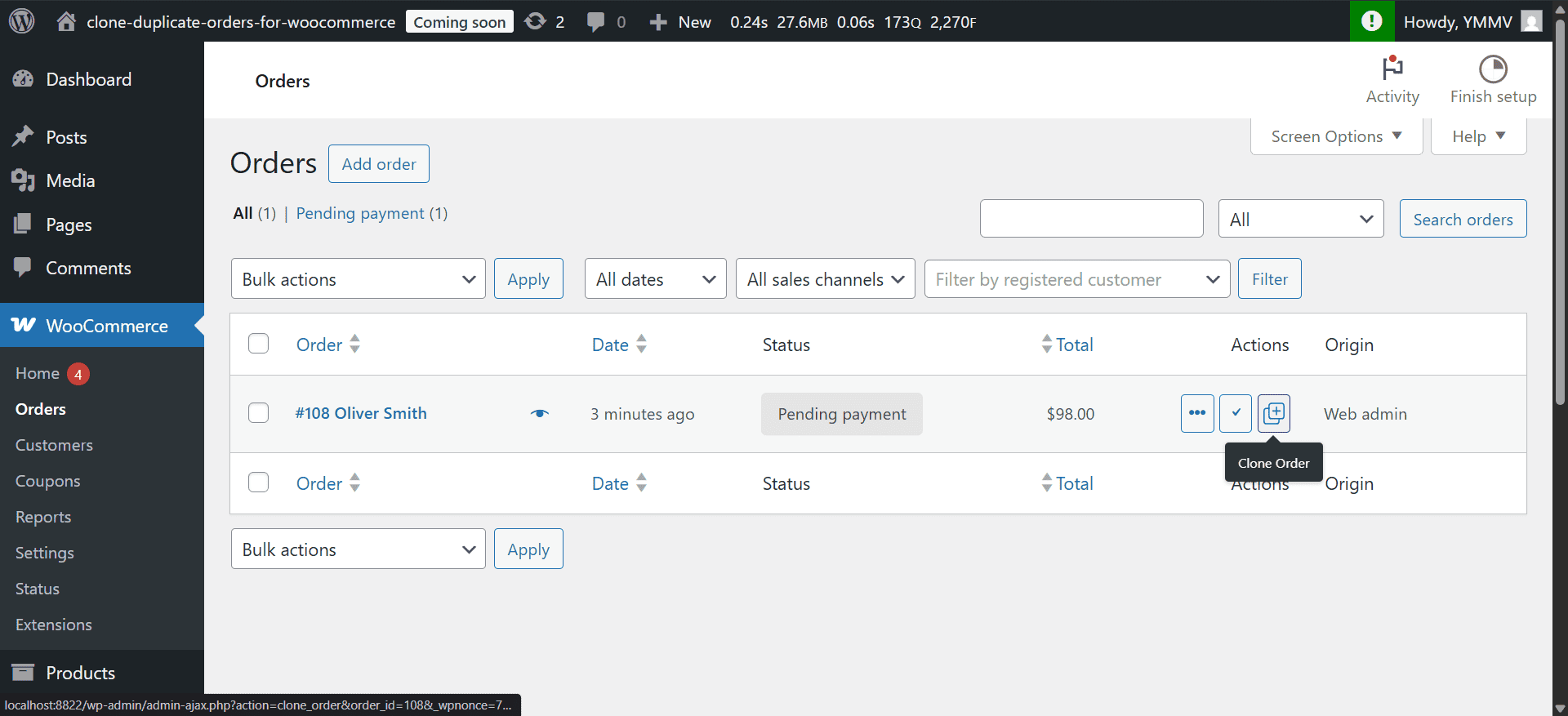 WooCommerce Orders list with Clone Order action