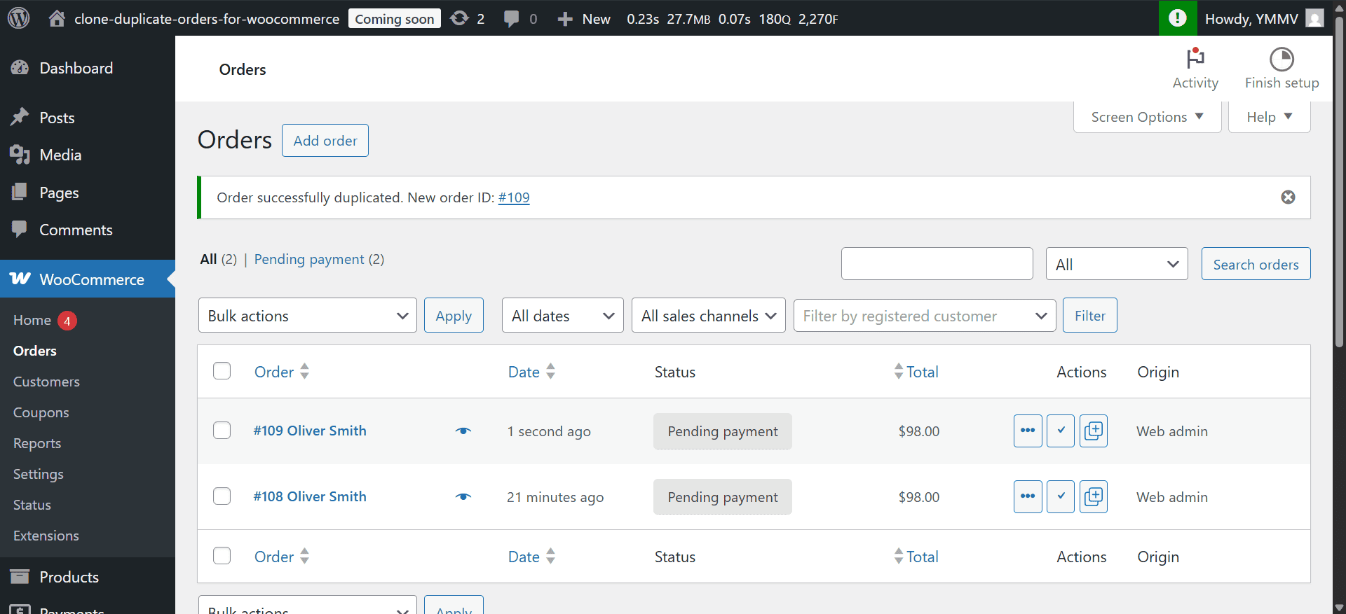Success notice and new Pending payment order after cloning