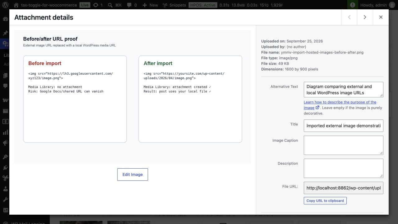 An imported image in the WordPress Media Library with a local file URL