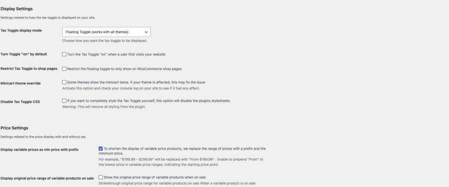 Tax Toggle display settings in a local WordPress demo