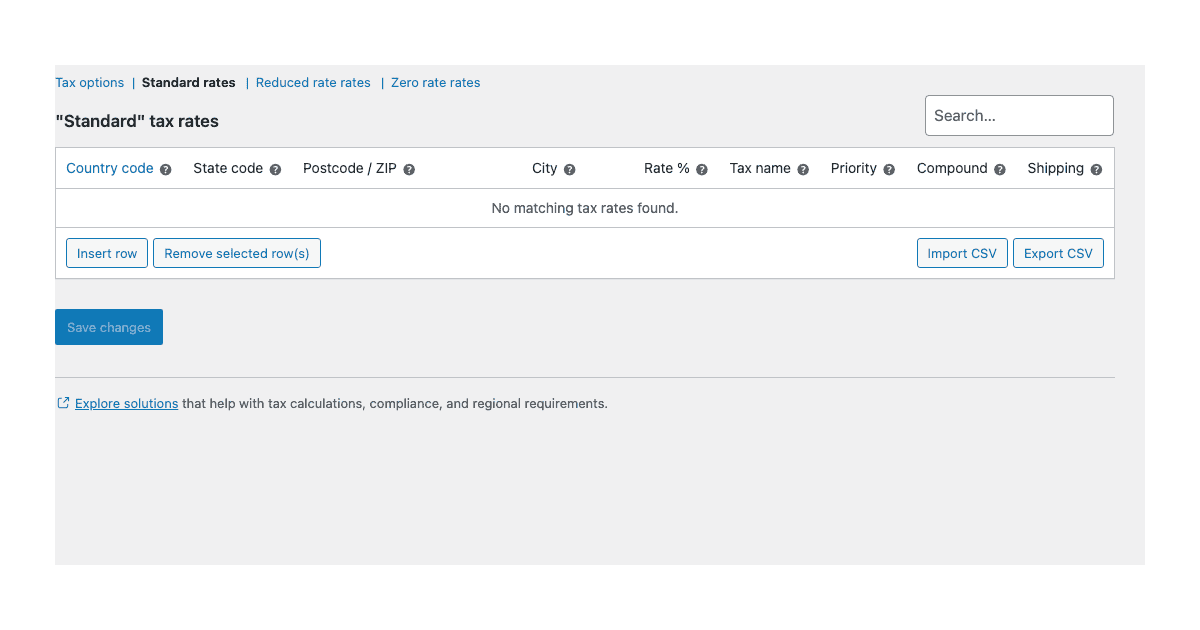 Cropped local WooCommerce Standard rates table showing the location, rate, priority, compound, and shipping columns