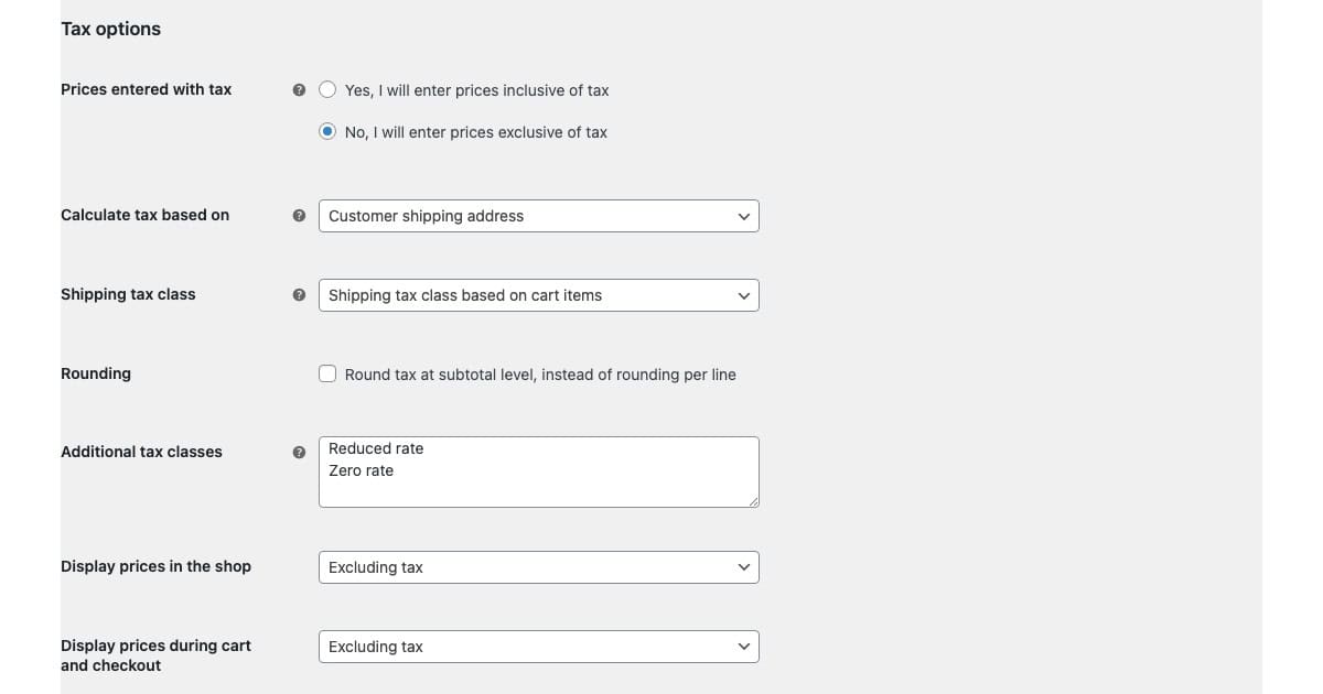 Cropped local WooCommerce Tax options showing price entry, calculation address, shipping tax class, rounding, and display settings