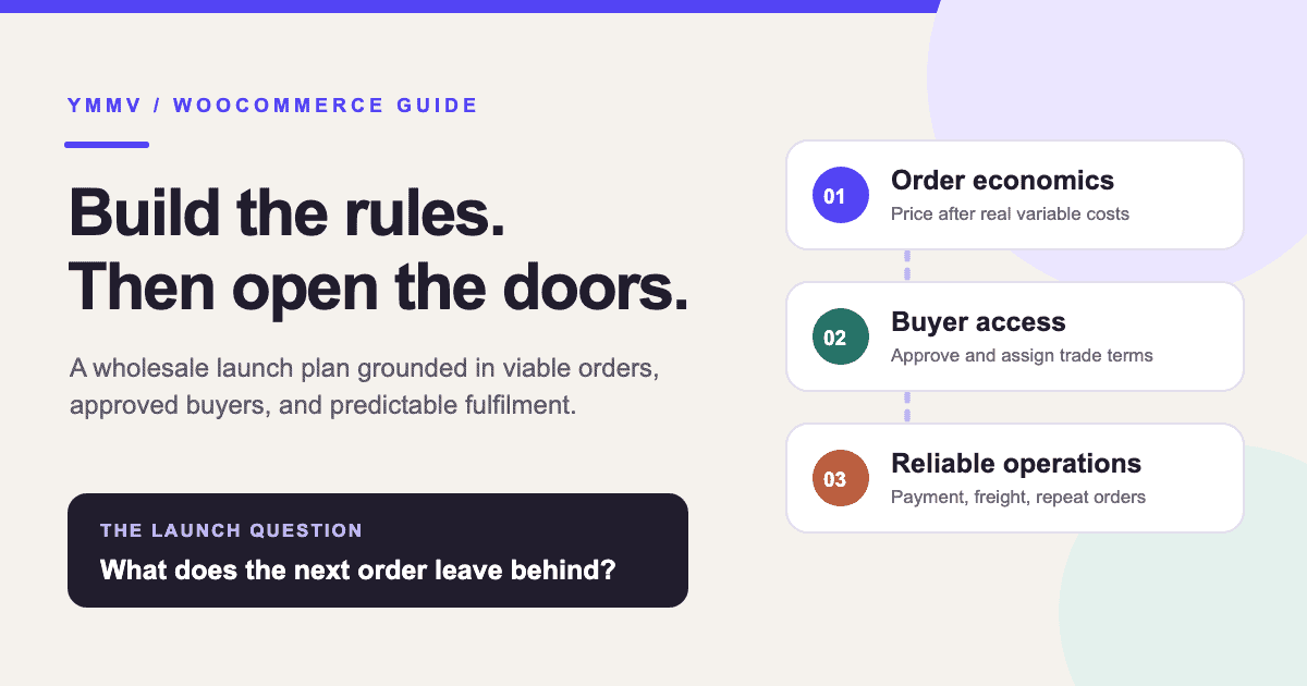 Wholesale launch plan diagram showing buyer, price, delivery, and margin decisions