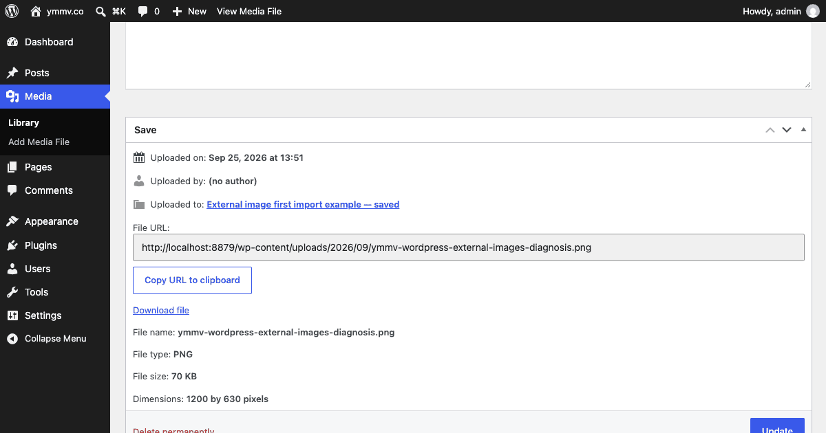 Local WordPress Media Library record for the imported image, showing its new local file URL, parent test post, and 1200 by 630 pixel dimensions