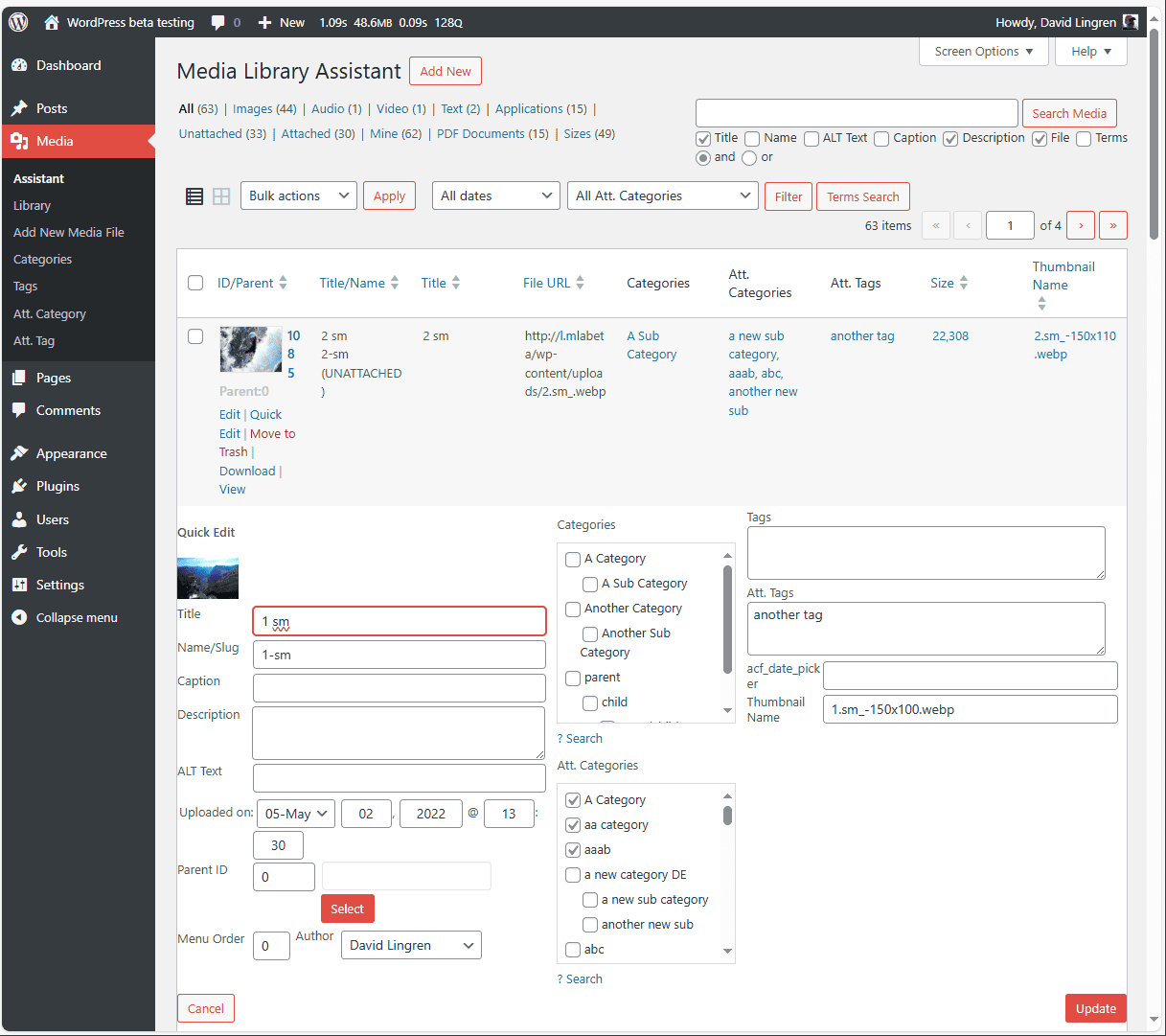 Media Library Assistant's official WordPress.org screenshot showing its enhanced media list, taxonomy filter, search controls, and Quick Edit fields