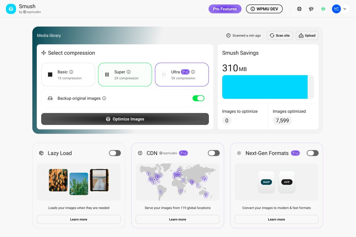 Smush's official WordPress.org screenshot of its bulk image optimization dashboard, including controls marked as Pro features