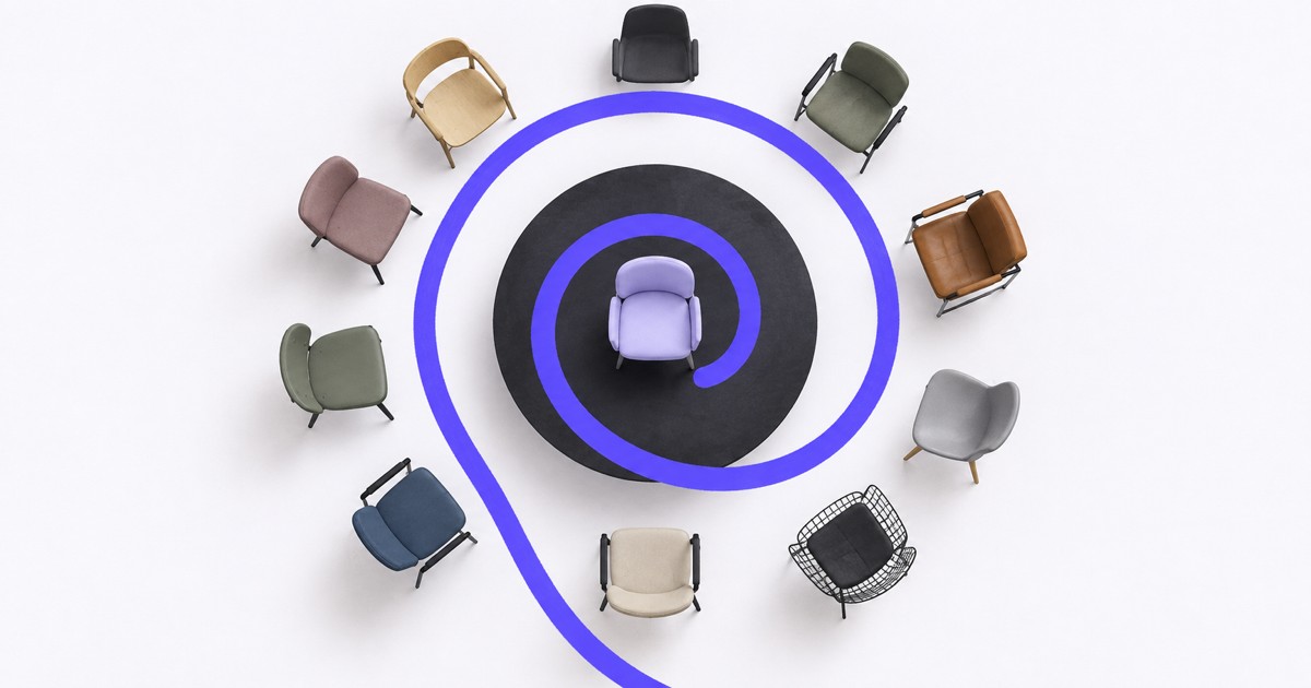 Empty meeting chairs excluded by a tightening purple boundary